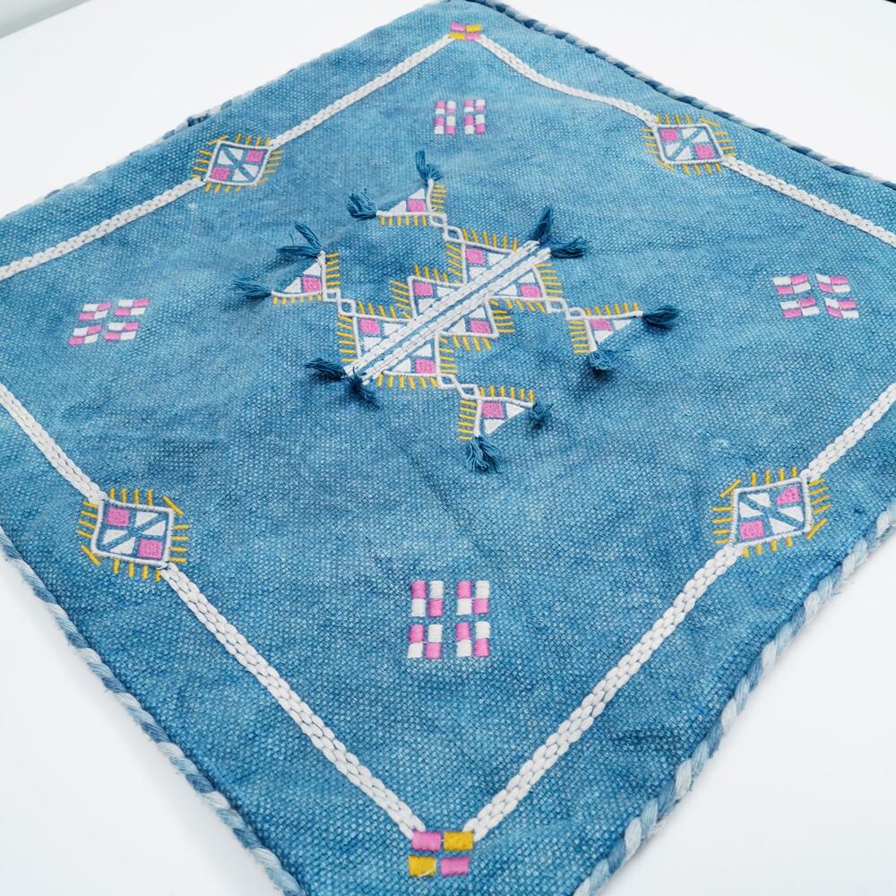 Moroccan Embroidered Pillow Cover 20x20 Blue Cotton Fringe Tassel Cushion Cover - Picture 2 of 7